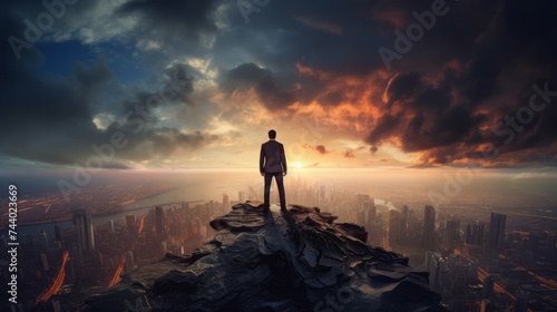 Businessman stands thoughtfully on a mountain overlooking a city with dramatic clouds in the sky © Wolfilser