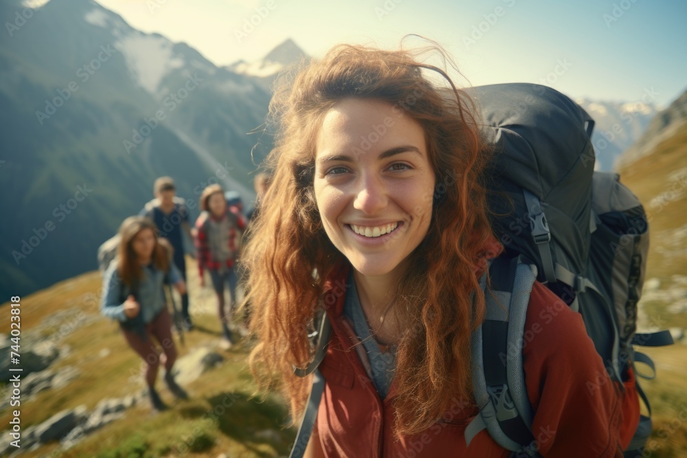 People hiking up a mountain, perfect for outdoor adventure promotions People hiking up a mountain, perfect for outdoor adventure promotions