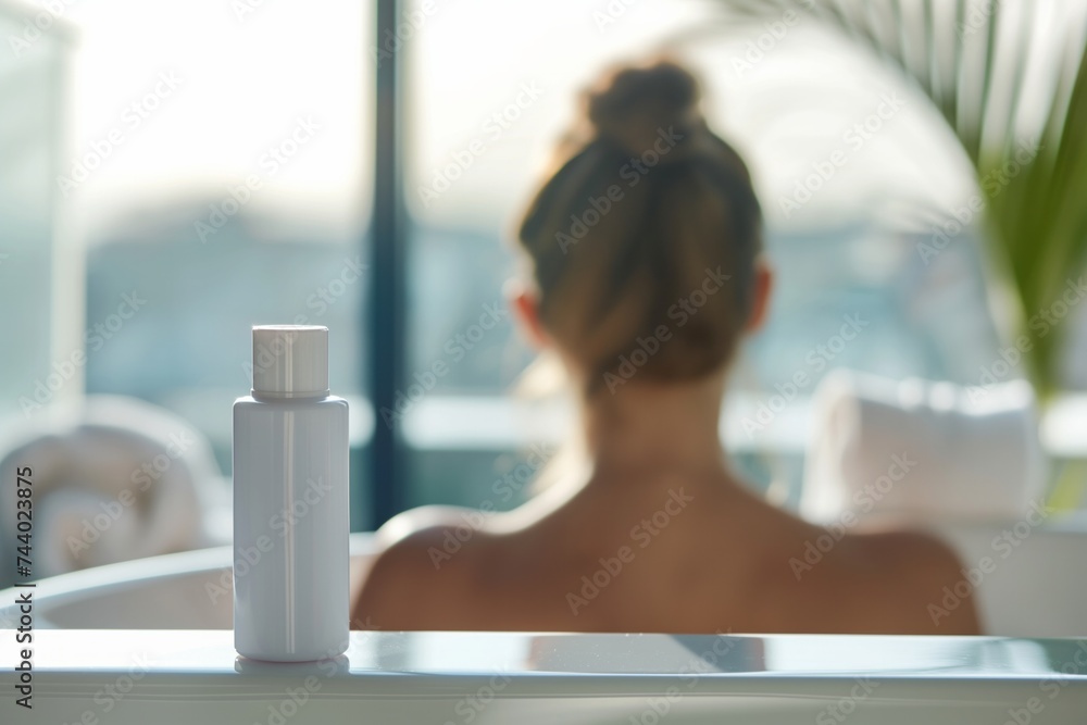 a mockup of a white cosmetic bottle stands on the edge of the bathtub, from behind a girl with a bun on her head sits with her back in the bathtub
