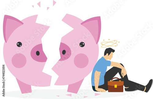 Inflation causing money value decreased or recession make stock market crash, pension fund losing value or business bankruptcy concept, Breaking the piggy bank.