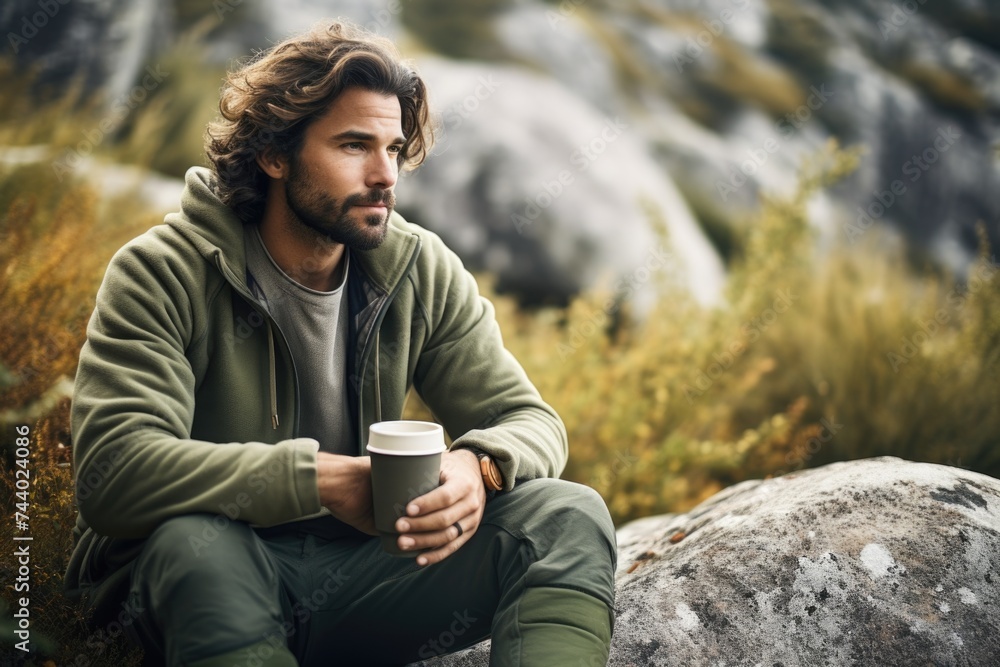 A man sitting on a rock with a cup of coffee. Suitable for outdoor lifestyle or relaxation concepts A man sitting on a rock with a cup of coffee. Suitable for outdoor lifestyle or relaxation concepts