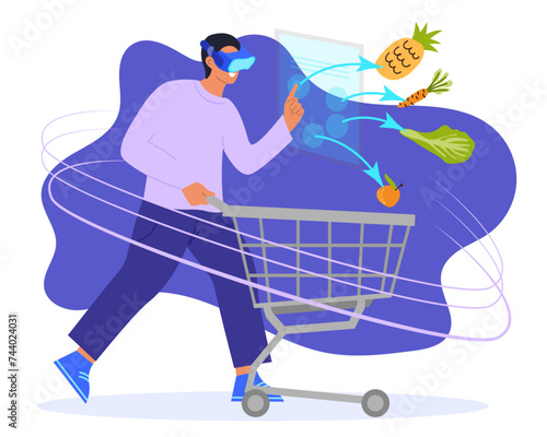 Virtual Shopping Illustration Concept. A young man wearing a VR headset is doing a shopping experience in the shop. Flat vector illustration.
