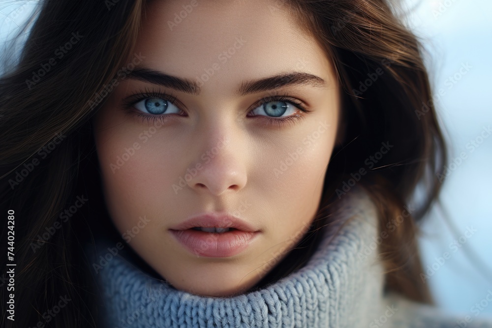 Naklejka premium Close up of a woman wearing a scarf, suitable for fashion concepts
