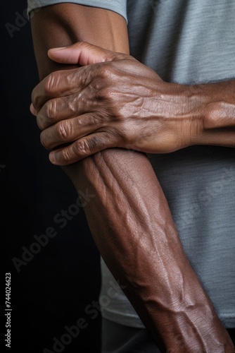 Close-up of a person holding their arm. Suitable for medical or healthcare concepts