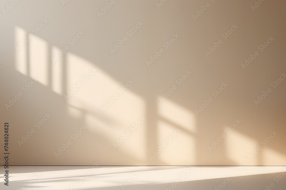 Realistic and minimalist blurred natural light windows, shadow overlay on wall paper texture, abstract background. Minimal abstract light beige background for product presentation - obrazy, fototapety, plakaty 