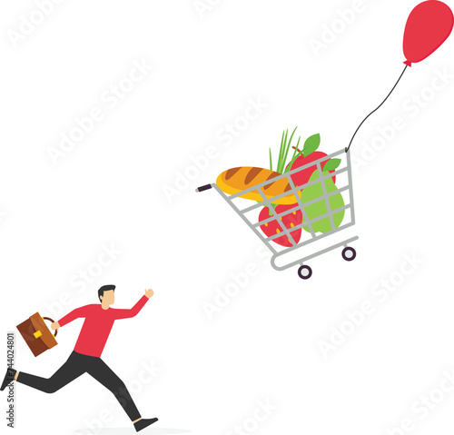 Inflation, growth of food sales, growth of market basket or consumer price index concept. Men chasing shopping cart with foods tide on ballon.

