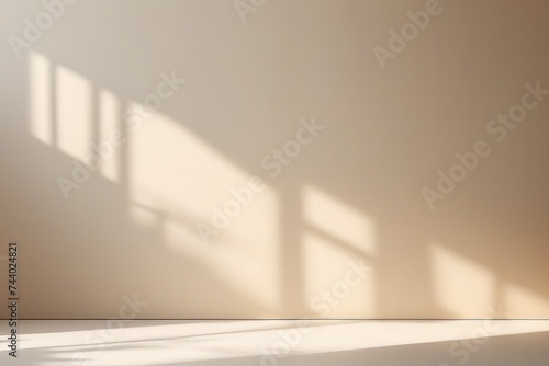 Realistic and minimalist blurred natural light windows, shadow overlay on wall paper texture, abstract background. Minimal abstract light beige background for product presentation photo