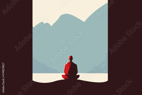 Tibetan Buddhist monk meditating outdoor in nature, sitting in front of a mountain range. Artistic concept, beautiful vector illustration in minimalist flat design.