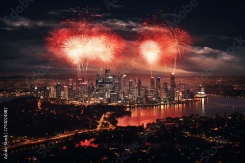 Stunning display of colorful fireworks illuminating the beautiful city skyline at night