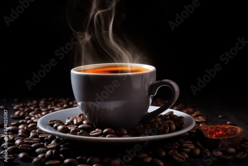 A cup of coffee surrounded by coffee beans  perfect for coffee lovers and cafes