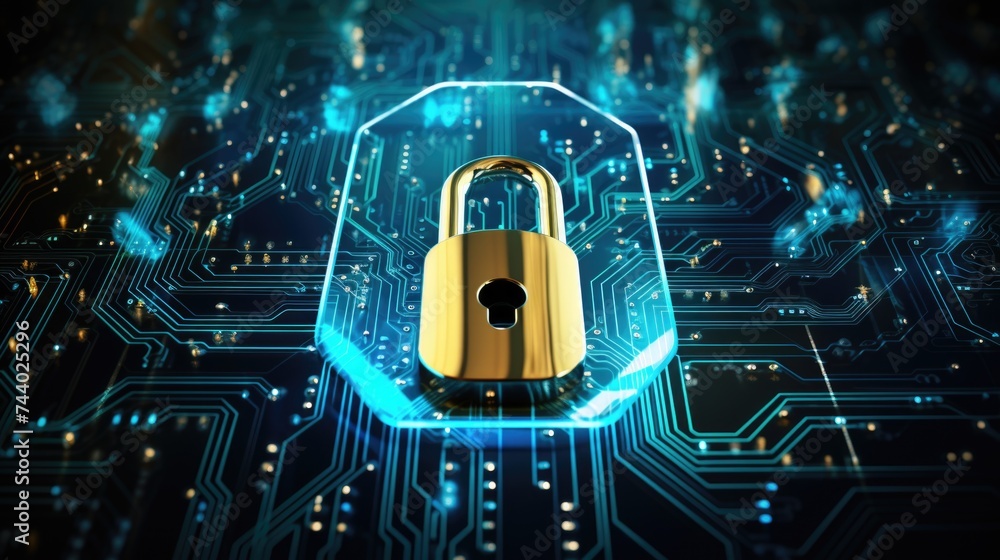 A golden padlock placed on a circuit board. Suitable for technology and security concepts A golden padlock placed on a circuit board. Suitable for technology and security concepts