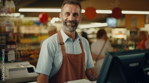 A man standing behind a cash register in a store. Suitable for business and retail concepts