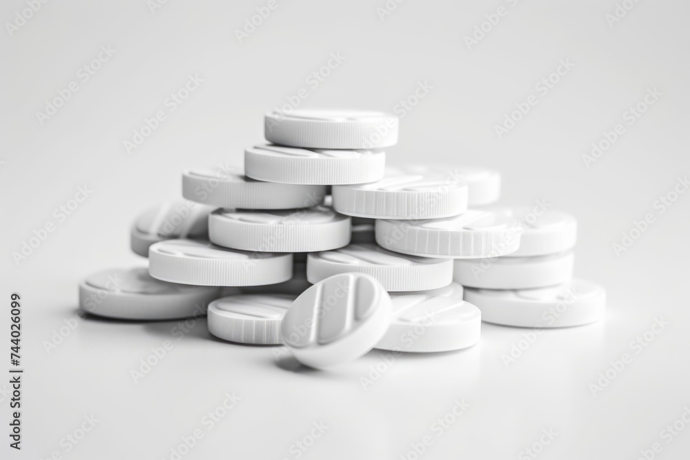 A close-up view of a stack of white pills. Suitable for medical and healthcare concepts A close-up view of a stack of white pills. Suitable for medical and healthcare concepts