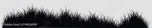 Meadow silhouettes with grass, plants on plain. Panoramic summer lawn landscape with herbs, various weeds. Herbal border, frame element. Black horizontal banners. Vector illustration