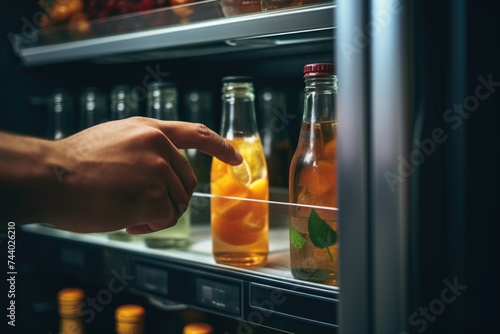 A person reaching into a refrigerator filled with drinks. Suitable for advertising or lifestyle concepts
