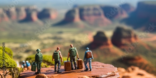 Selective focus. Miniature people : small traveler figures with backpack standing on South Africa Map / Geography of South Africa, exploring on earth background concept photo
