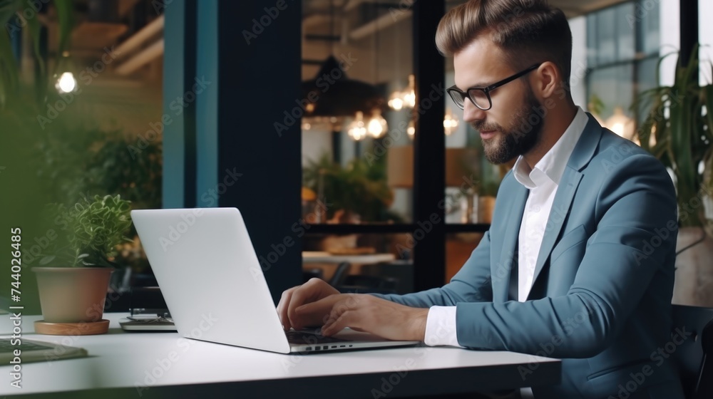 A man sitting at a table using a laptop computer. Suitable for technology and business concepts A man sitting at a table using a laptop computer. Suitable for technology and business concepts
