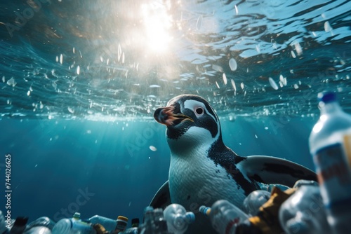 A penguin surrounded by plastic pollution in the ocean. Suitable for environmental awareness campaigns