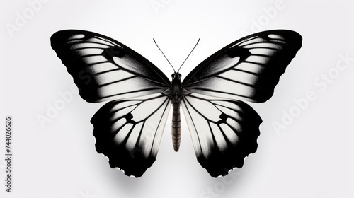 Monochrome butterfly on plain white backdrop, ideal for various design projects