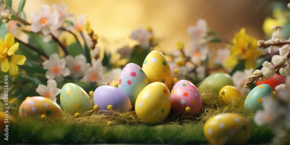Colorful Easter eggs arranged on a moss covered table. Perfect for holiday designs Colorful Easter eggs arranged on a moss covered table. Perfect for holiday designs