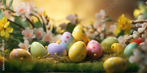 Colorful Easter eggs arranged on a moss covered table. Perfect for holiday designs