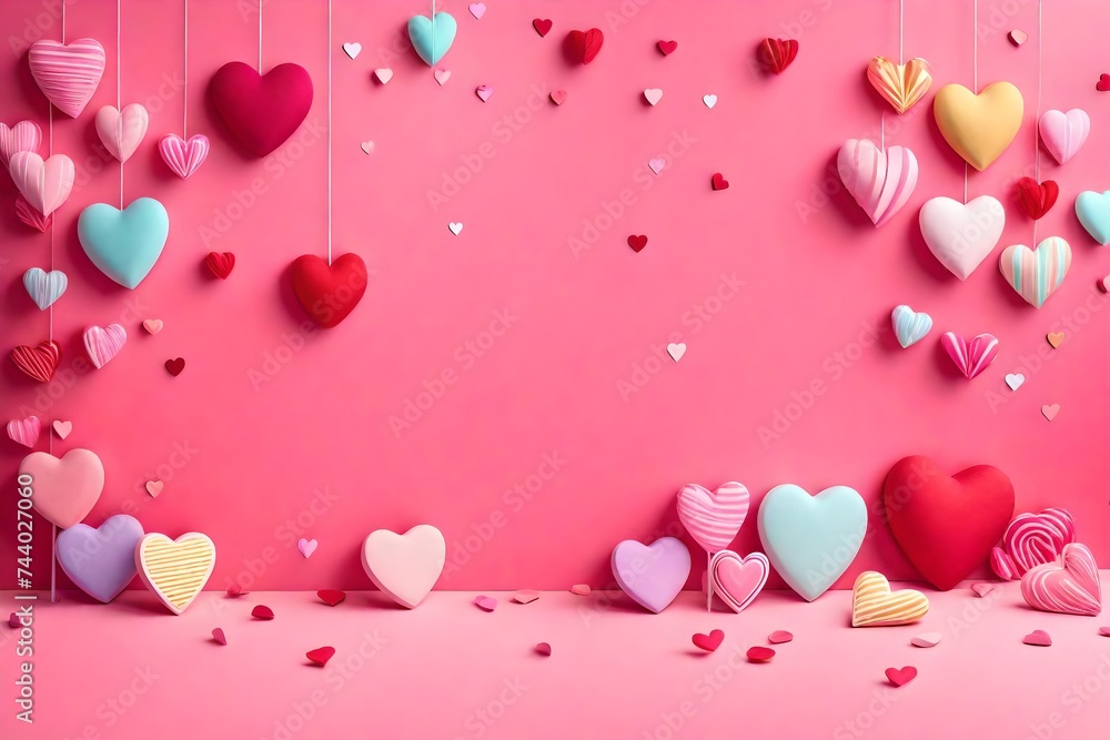 pink balloons in the shape of heart, Immerse yourself in the romantic ambiance of Valentine's Day with a captivating scene featuring 3D hearts against a candy pastel-colored background, set on a vibra