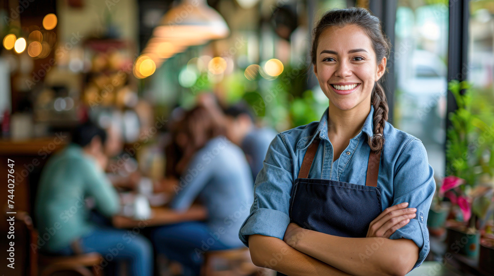 Fototapeta premium Confident female barista smiling in a bustling cafe setting, representing hospitality and service.