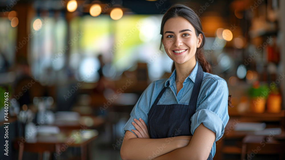 Confident female barista smiling in a bustling cafe setting, representing hospitality and service. Confident female barista smiling in a bustling cafe setting, representing hospitality and service.