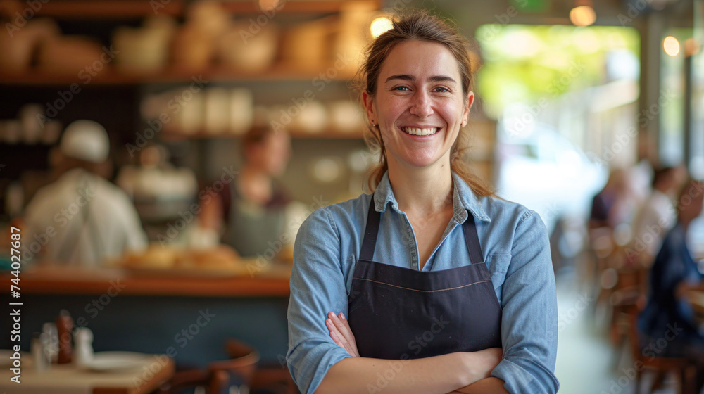 Fototapeta premium Confident female barista smiling in a bustling cafe setting, representing hospitality and service.