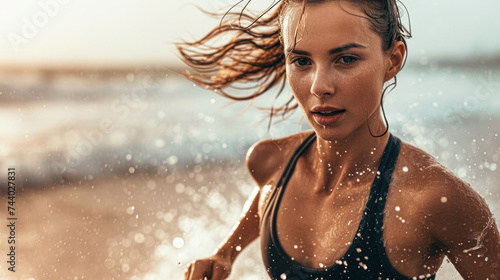 Determined female athlete running with intensity on a sandy beach at sunrise, sweat glistening on her skin.