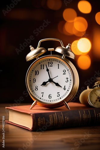 An alarm clock sitting on top of a stack of books. Suitable for education and time management concepts