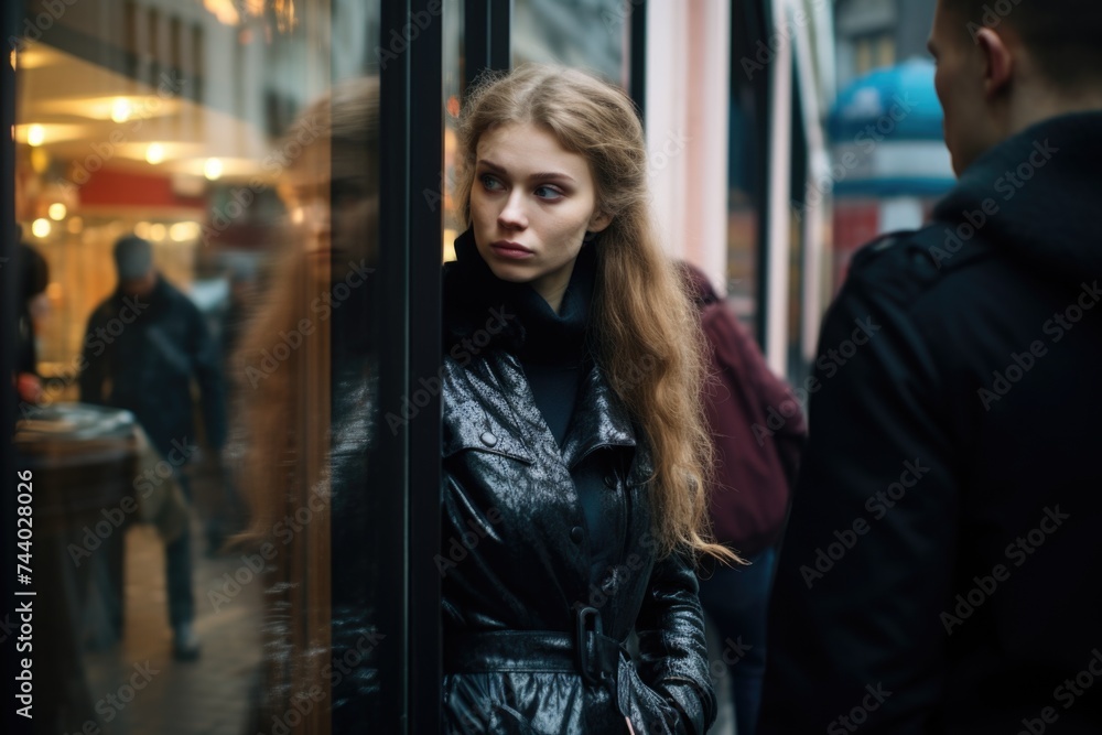 A woman standing in front of a glass door, suitable for business concepts A woman standing in front of a glass door, suitable for business concepts