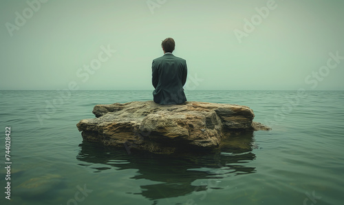 from behind view of businessman sitting on small rock in the middle of the ocean, in bankruptcy and financial dificulties concept photo