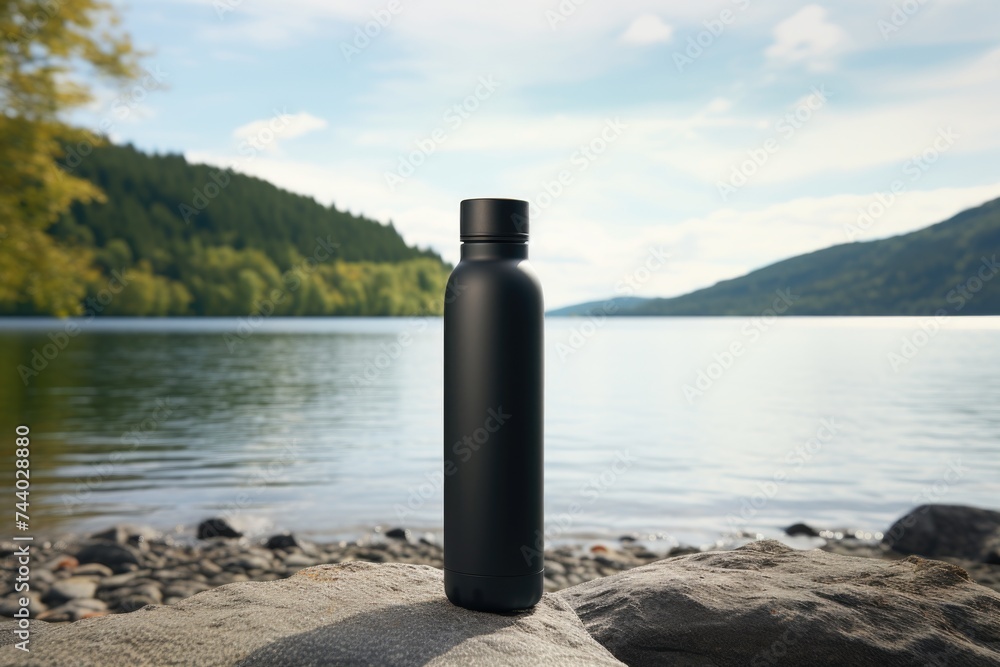 A black water bottle resting on a rock. Suitable for outdoor and hiking themes A black water bottle resting on a rock. Suitable for outdoor and hiking themes