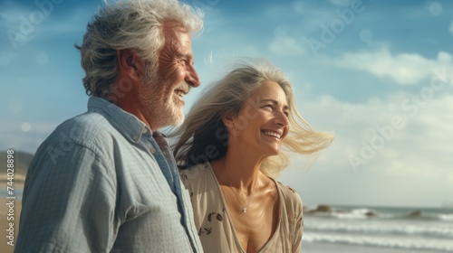 A man and a woman standing together on a sandy beach. Ideal for travel and vacation concepts