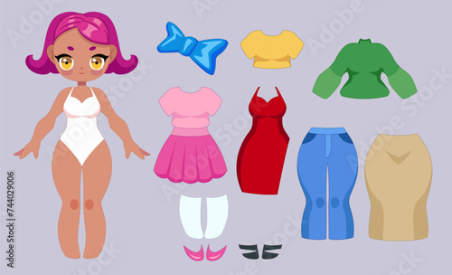 Doll dress up game for girls with set of different clothes. Cute cartoonish graphic. Vector art