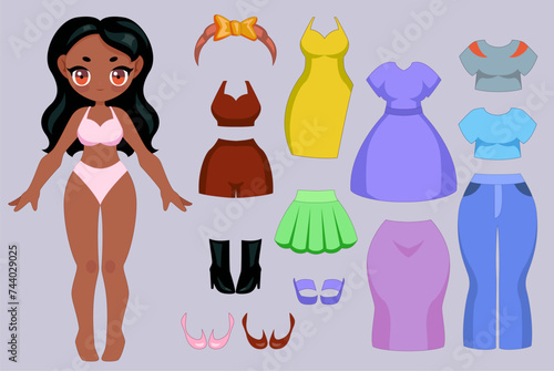 Doll dress up game for girls with set of different clothes. Cute cartoonish graphic. Vector art