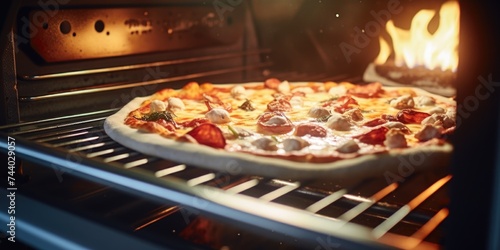 A pizza sitting on top of a pan in an oven. Perfect for food and cooking concepts