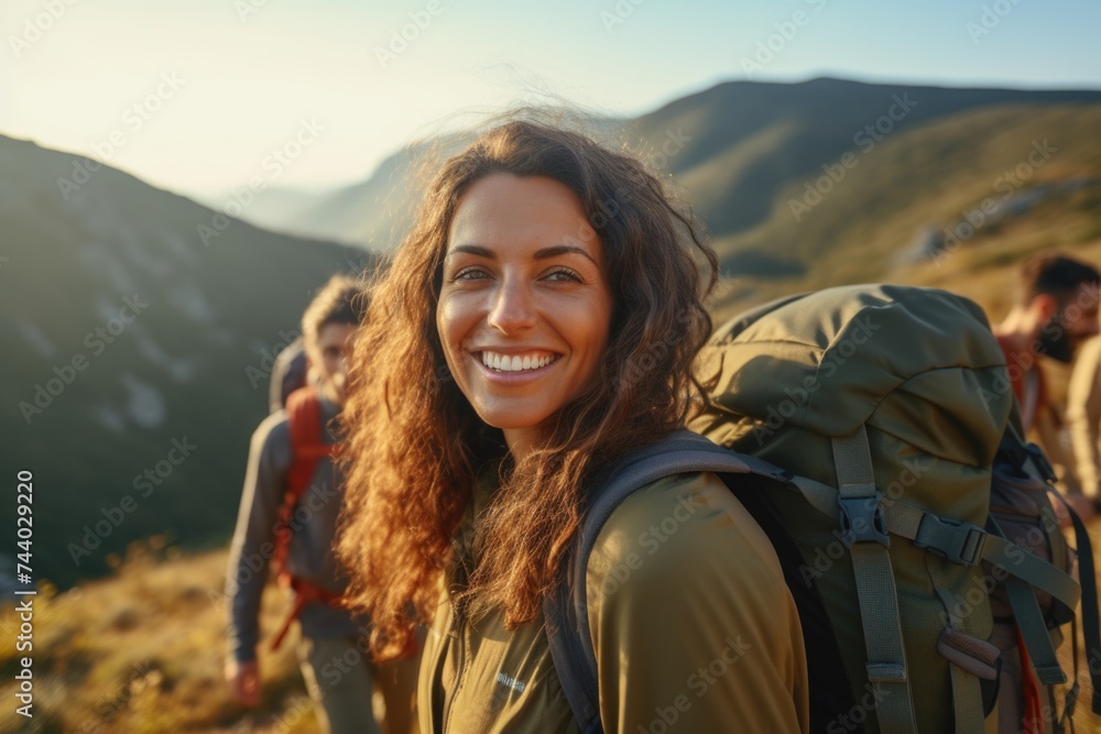 A woman with a backpack smiling at the camera, suitable for travel concepts