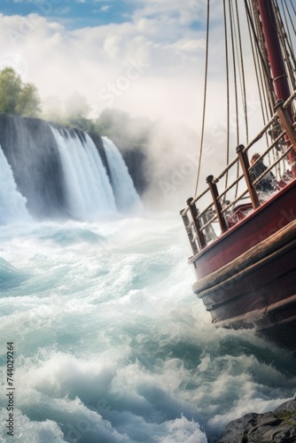 A boat floating on water with a waterfall in the background. Suitable for travel and nature themes