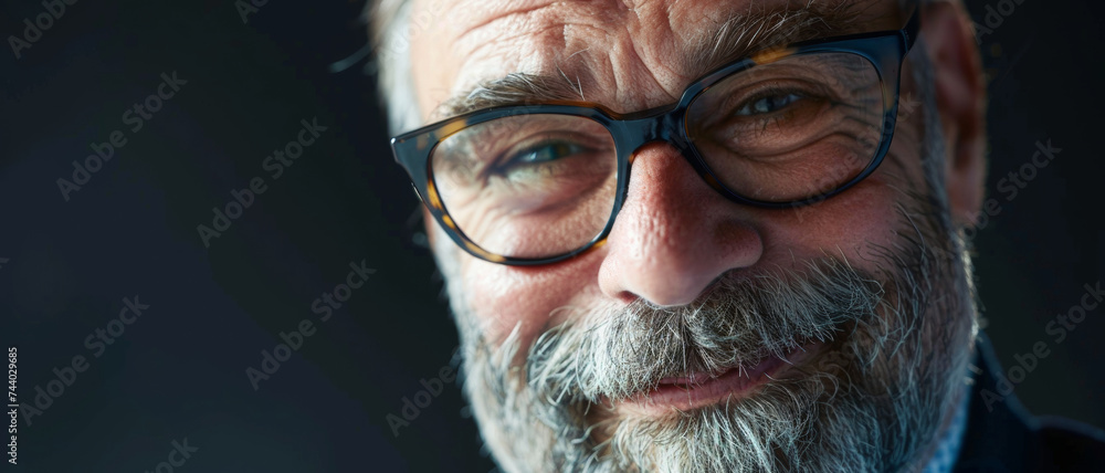 Grizzled man with warm smile, glasses framed by dark vignette. Grizzled man with warm smile, glasses framed by dark vignette.