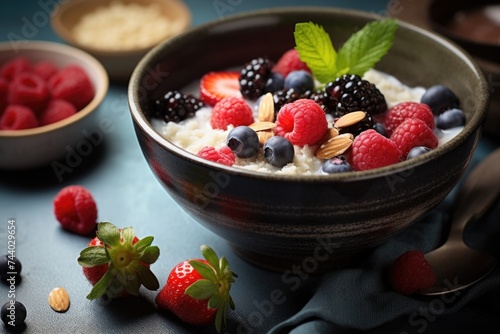 A bowl of oatmeal topped with fresh berries and almonds. Ideal for health and nutrition concepts