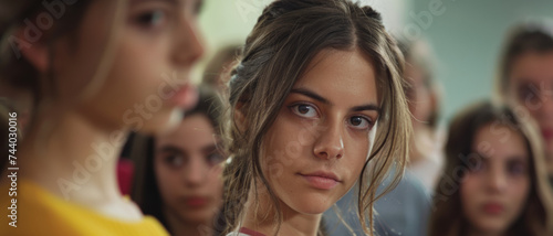 Intense young woman among blurred peers, gazing with a determined expression.