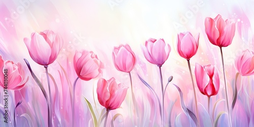 Spring tulips in watercolor style. Luxurious background for postcards, delicate flowers, #744030048