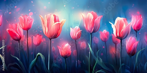 Spring tulips in watercolor style. Luxurious background for postcards, delicate flowers, #744030053
