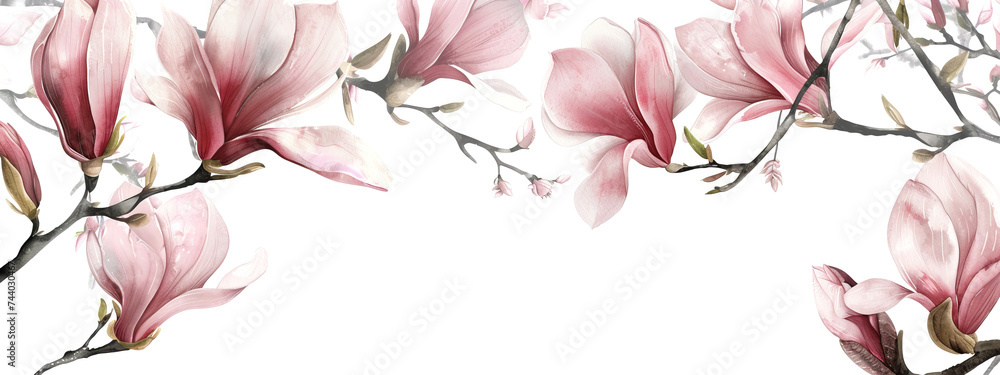 Watercolor spring magnolia blossom on white background.