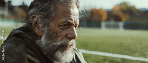 Elderly man's contemplative gaze, disheveled yet dignified, against autumn backdrop.