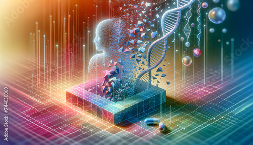 Geometric disintegration reveals intricate details of personalized medicine in vibrant composition.