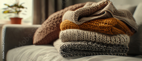 Cozy knitted sweaters lie folded on a couch, invoking feelings of warmth and comfort.