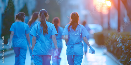 Diverse team of medical students young women in scrubs walk together on a university hospital campus.
 photo